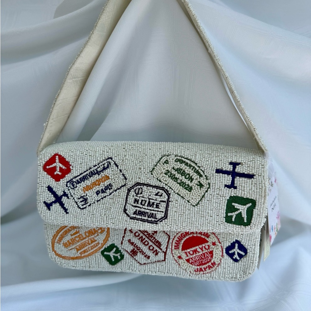 Cream Travel Passport Beaded Bag